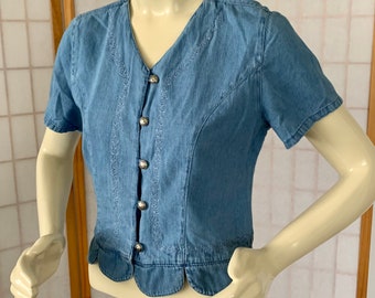 Vintage Ozark Mountain Cotton Blue Jean Blouse Top . Casual Boho Hippie Embroidery Detail Jean Top . Size Oversize Small or Size Medium