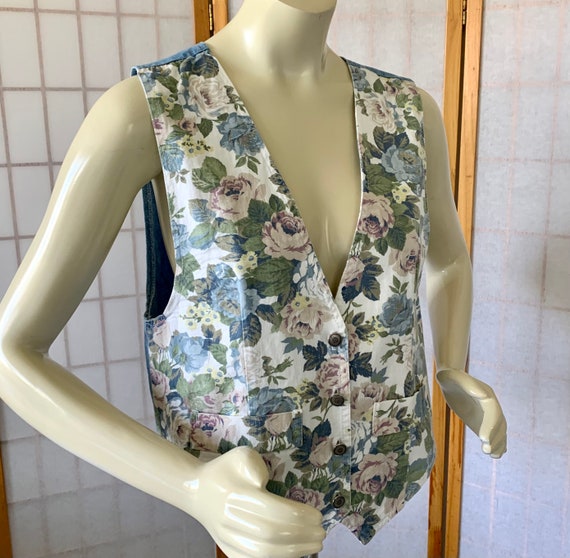 1990s Floral Jean Vest . Vintage 90s Muted Pink B… - image 2