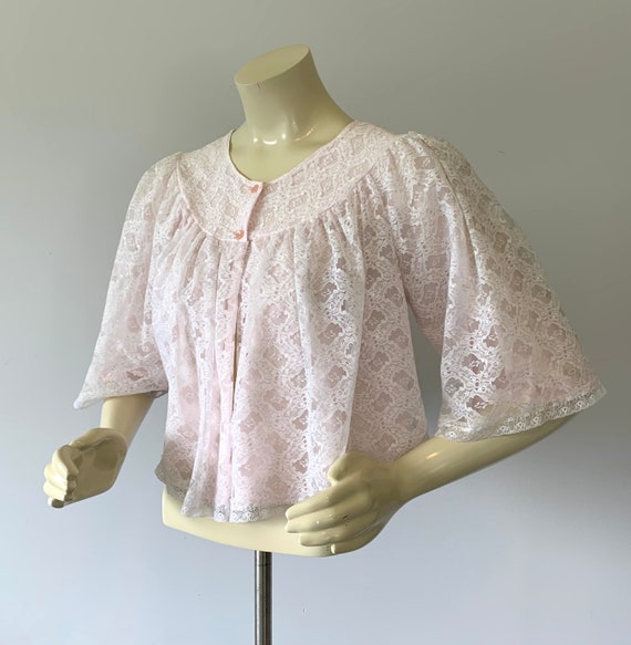 1960s Pink Lace Lingerie Bed Jacket Peignoir Shor… - image 8