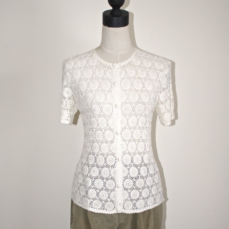 1960s 70s Short Sleeves Lacey Rayon Knit Semi Sheer Blouse Top Asian Ivory White Lace Cardigan Sweater Small
