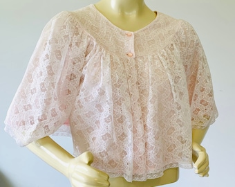 1960s Pink Lace Lingerie Bed Jacket Peignoir Short Robe . Vintage 60s Nanette Lingerie. Size Small