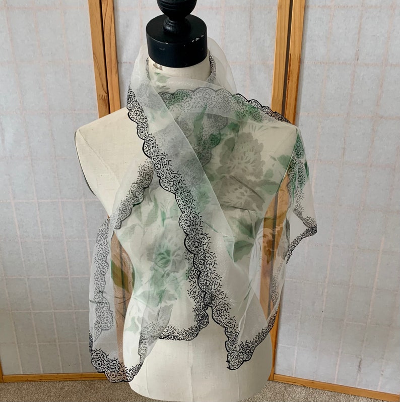 1950s Flocked Sheer Chiffon Floral Scarf . Vintage 50s 60s Long Rectangular Dressy Neck Scarf . Black Velvety Flocking & Muted Floral Scarf image 2