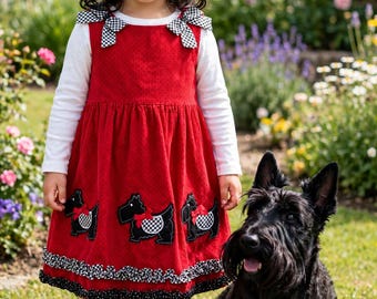 Vintage Rare Editions Little Girls Red Corduroy Dress with Black Scottie Dogs & Bows and Ruffles Jumper Dress . Size 4 Girls