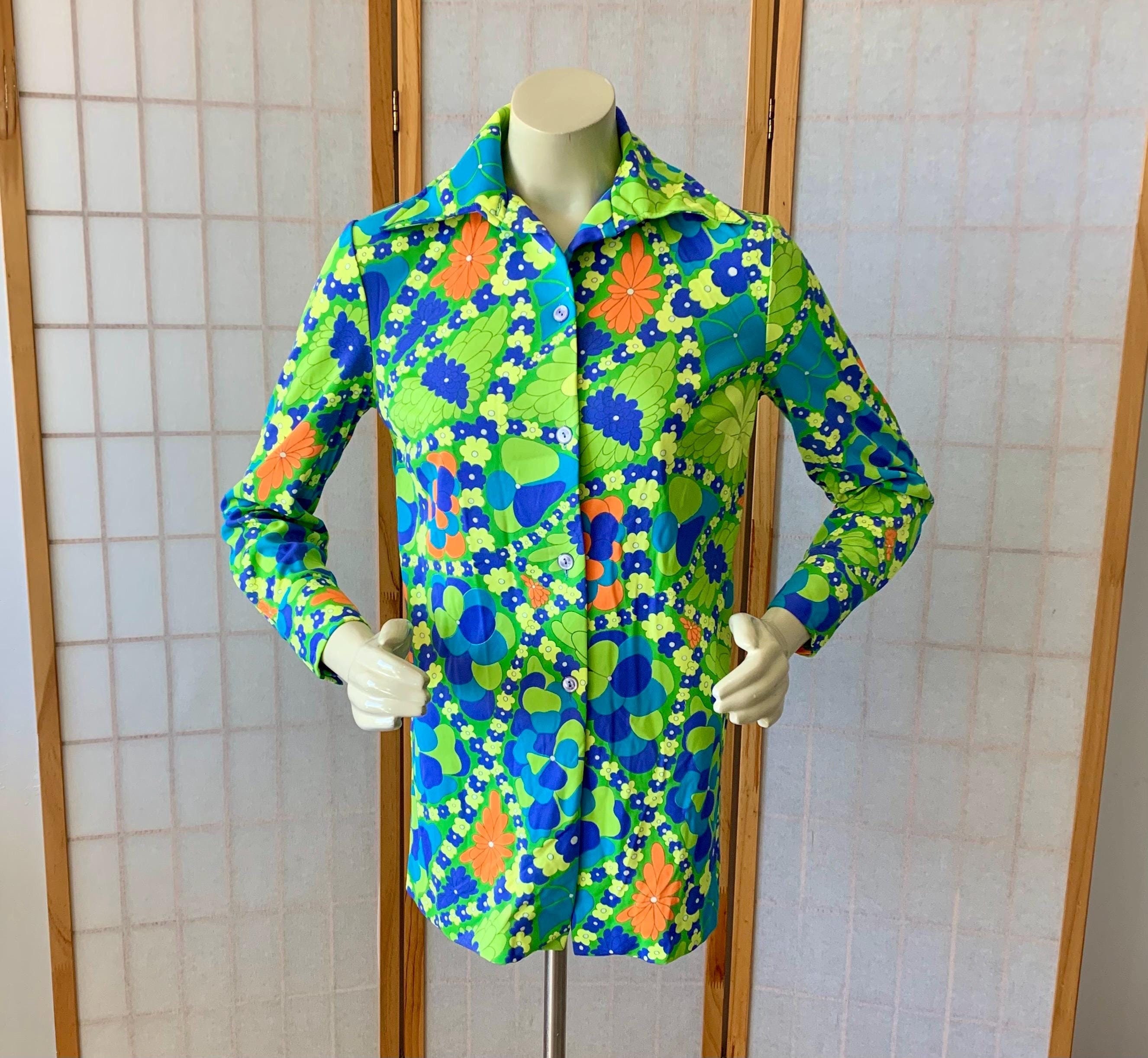 Chemisier Tunique Femme Coton Fleuri Fait Main - Taille 42/44 - Vintage
