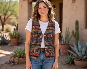 May include: A sleeveless vest featuring a multi-colored woven pattern in shades of red, blue, green, and black, with a V-neckline and four light-colored square buttons down the front, worn over a plain white short-sleeved t-shirt and blue jeans.
