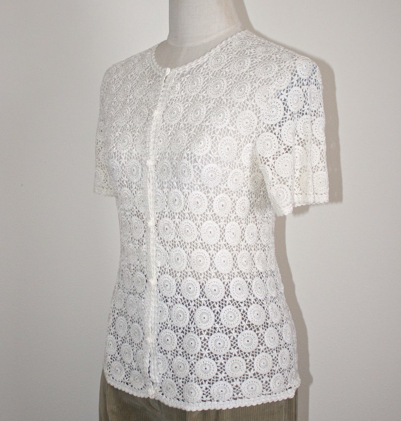 1960s 70s Short Sleeves Lacey Rayon Knit Semi Sheer Blouse Top Asian Ivory White Lace Cardigan Sweater Small
