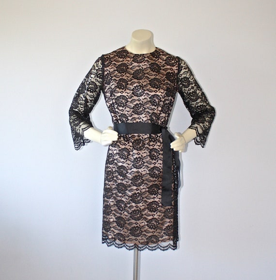 1950s Nude Allusion Black Chantilly Lace Party Dr… - image 1