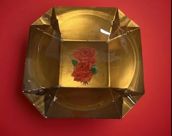 Vintage Large Ashtray Italian Ashtray Gold Red Roses Vintage Gift Home Decor Retro Glass Ashtray