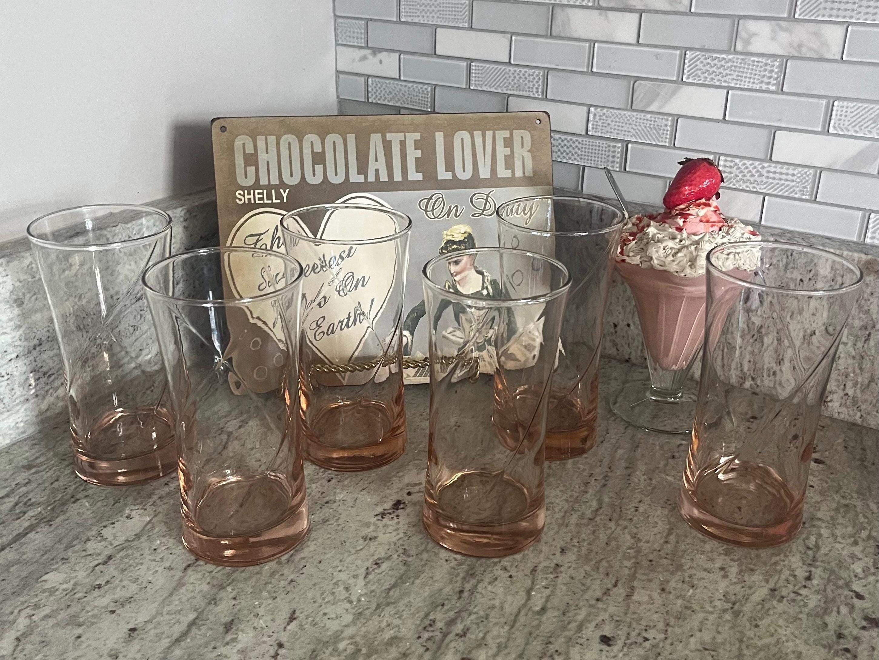 Glass Tumblers/ Vintage Hand Blown Pink Swirl Set of 6 Hold 16 Oz