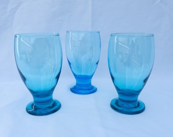 Vintage Cristar Aqua Turquoise Sky Blue Footed Water Goblets Set of three 4.5”