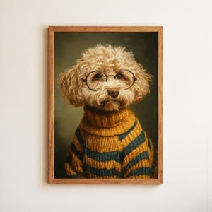 May include: A framed portrait of a poodle wearing round glasses and a yellow and blue striped sweater. The dog has curly, light-colored fur and a serious expression. The artwork is set against a muted green background.