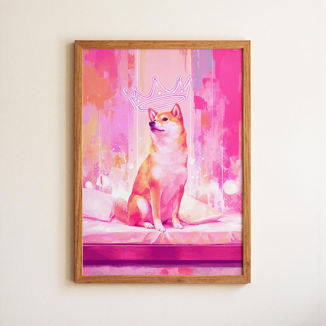 Shiba Inu Glowing Crown Pink Neon Art Bedroom Print, Whimsical ...