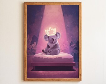 Koala Glowing Crown Pink Neon Art Bedroom Print, Whimsical Illustration Funny Animal Art