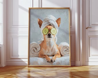Chihuahua Puppy Cucumber On Eyes Spa Day Print, Whimsical Illustration Funny Dog Animal Art