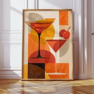 Impresión Bauhaus de cóctel retro naranja, póster abstracto, póster retro japonés, impresión minimalista, impresión de arte pop, impresión de pared para dormitorio