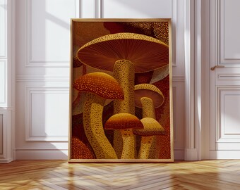 May include: A framed print of a stylised illustration of mushrooms in shades of orange, yellow, and brown. The mushrooms are arranged in a cluster, with the largest mushroom in the centre.