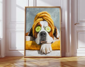 Saint Bernard Puppy Cucumber On Eyes Spa Day Print, Whimsical Illustration Dog Animal Art