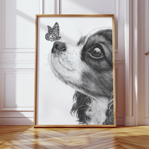 Dibujo de mariposa con estampado de nariz de cachorro de Cavalier King Charles Spaniel, regalo minimalista para perros en blanco y negro.