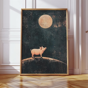 May include: A pink pig stands on a dark blue planet with a large, full moon in the background. The sky is filled with white stars.