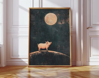 Varken op de maan-poster, poster dierenboerderij, coole prints, pop-artprints, woondecoratie, kunst aan de muur, schattige kinderposter