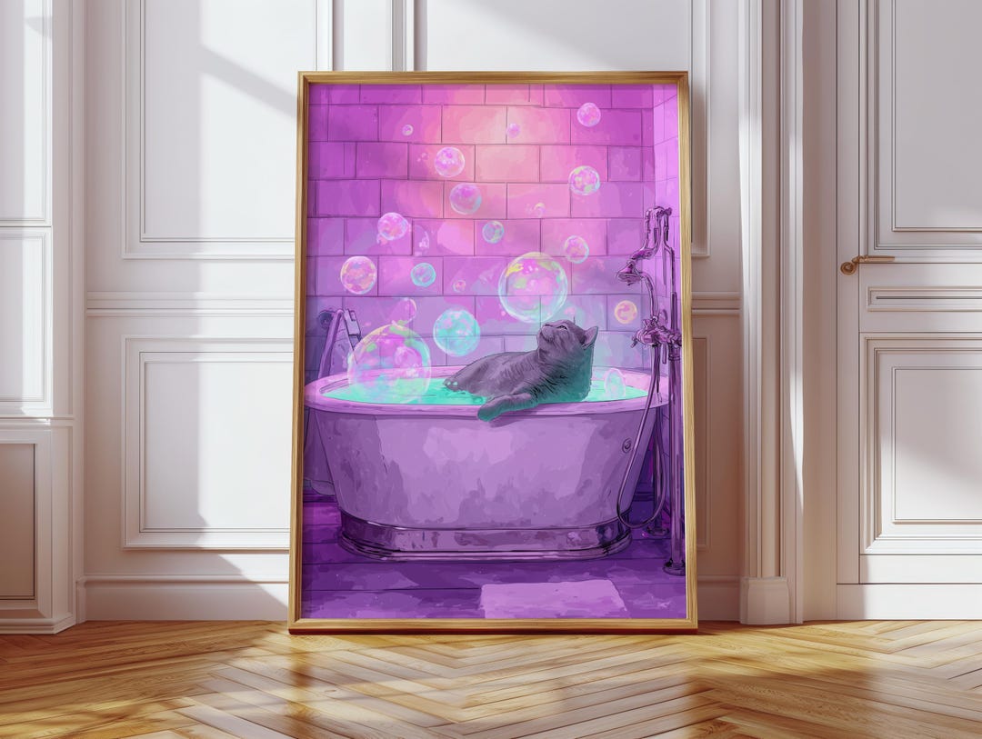 Tabby Cat Having Bubble Bath Neon Art Bathroom Print, Whimsical ...