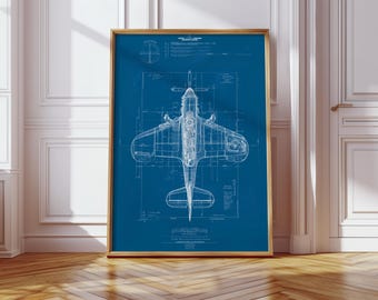 Vintage WW2 Fighter Jet Plane Blueprint Print, War Plane, Cool Prints, Vehicle Print, Pop Art Prints, Home Decor, Airplane Poster, Wall Art