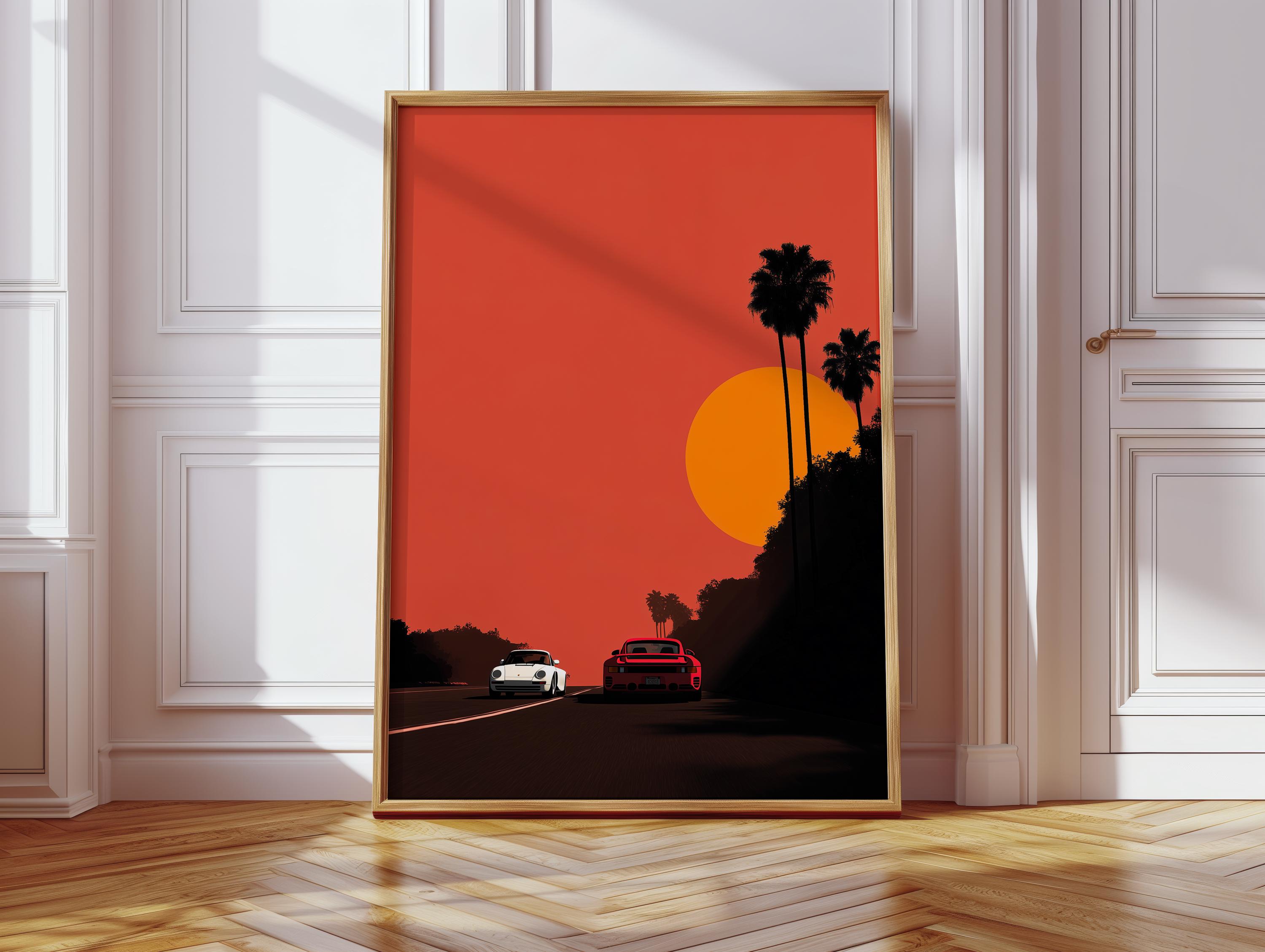 Illustrated German Sport Cars In LA Sunset Hiroshi Nagai Inspired Print, Retro Poster, Car Poster, Pop Art Art, Bedroom Wall Print, Wall Art
