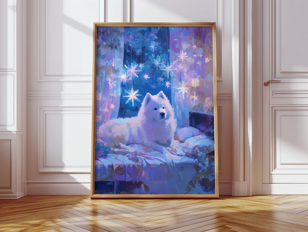 Samoyed Starry Night Neon Art Bedroom Print, Whimsical Illustration ...
