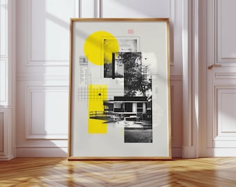 Lámina de arquitectura Bauhaus de una casa retro en Midlands, arte abstracto, lámina, póster retro, estampado animal, lámina de arte pop.