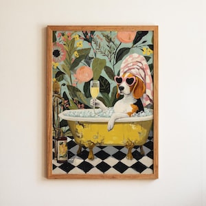 May include: Framed art print of a beagle in a yellow claw-foot bathtub, wearing heart-shaped sunglasses and a towel, holding a champagne glass. The background has a floral design and a black and white checkered floor.
