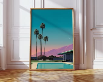 Puede incluir: Impresión artística enmarcada que presenta una escena moderna de mediados de siglo. La obra de arte representa palmeras, una piscina y una casa sobre un fondo de montañas y un cielo turquesa. El marco es de color madera clara.