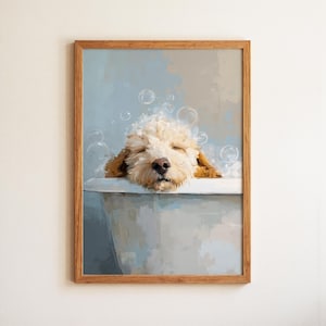 Stampa da bagno blu con bagnoschiuma Cotswolds con Cockapoo che dorme, accogliente decorazione da bagno per cani