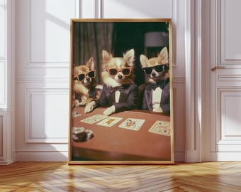 Peut inclure: Trois chiens portant des lunettes de soleil et des costumes sont assis à une table en train de jouer aux cartes. Les chiens regardent tous les cartes devant eux. La table est recouverte d'un tissu de feutre rouge. Il y a des cartes à jouer et des jetons sur la table.