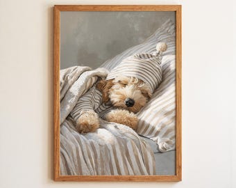 May include: A framed print of a sleeping dog. The dog is light brown with a black nose and is wearing a striped nightcap and pajamas. The dog is nestled under a striped blanket and pillow, creating a cozy and peaceful scene.