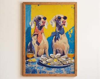 Weimaraner Brunch In Mykonos Art Print, Oysters Cocktails Dining Art, Whimsical Dog Painting