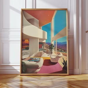 May include: A painting depicting a modern living room with large windows overlooking a mountain range. The room is decorated in a minimalist style with white walls and furniture. The painting is framed in a gold frame.