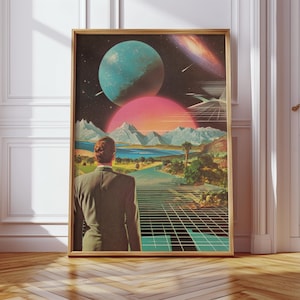 Könnte beinhalten: Eine Collage im Retro-Stil mit einer Person im Anzug, die auf einer Gitterplattform steht und auf eine Landschaft mit Bergen, einem See und einem rosafarbenen und blauen Planeten am Himmel blickt.