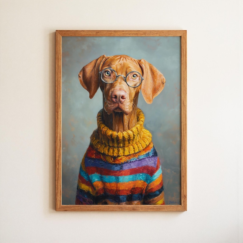 Puede incluir: Retrato enmarcado de un perro con gafas redondas y un su&eacute;ter a rayas de colores. El perro tiene pelaje marr&oacute;n y est&aacute; sobre un fondo gris azulado apagado. El su&eacute;ter presenta rayas horizontales en varios colores, incluyendo amarillo, morado y naranja.