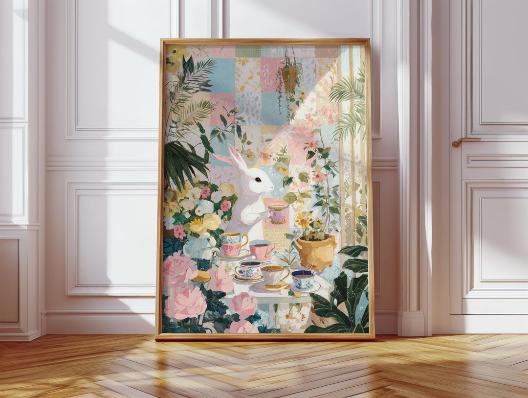 White Rabbit Tea Rooms White Rabbit Having Tea Party Floral Art Print, Whimsical Illustration ...