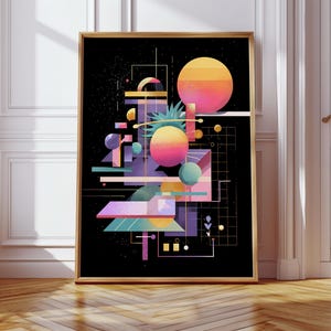 May include: Abstract art print in a gold frame. The artwork features geometric shapes, including a pineapple, spheres, and lines, in shades of pink, yellow, blue, and purple against a black background. The print is displayed on a wooden floor.