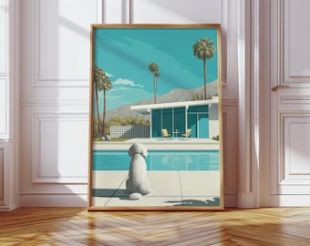 Pudel In Palm Springs Villa Architektur Druck, Retro Poster, Elegantes Schlafzimmer Druck
