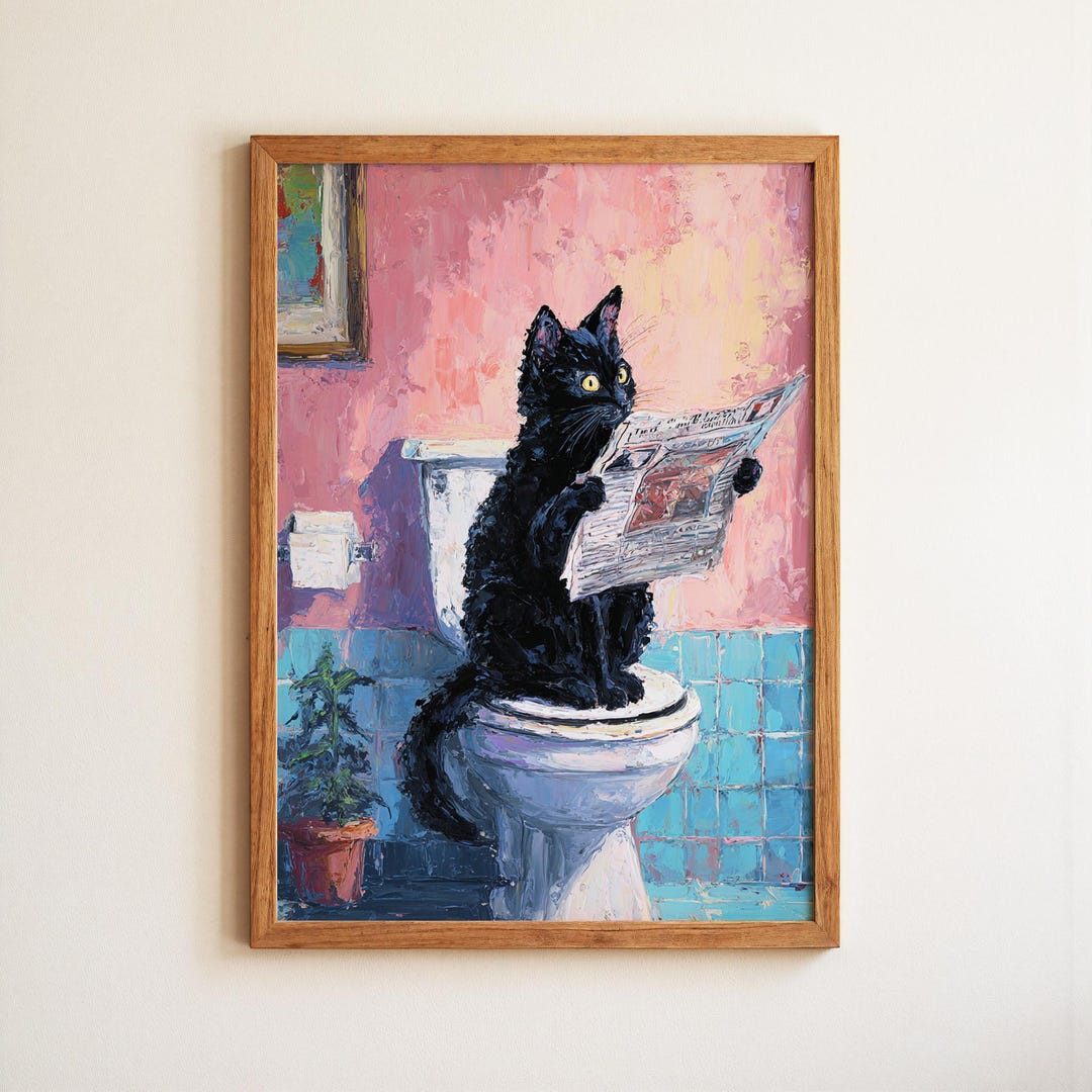Black Cat Reading Newspaper on Toilet Bathroom Art Print, Whimsical ...