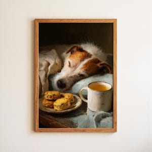Puede incluir: Impresión enmarcada de un Jack Russell Terrier durmiendo, con pelaje marrón y blanco, descansando sobre una almohada azul. Un plato de galletas y una taza de té están cerca. La obra de arte tiene un ambiente cálido.