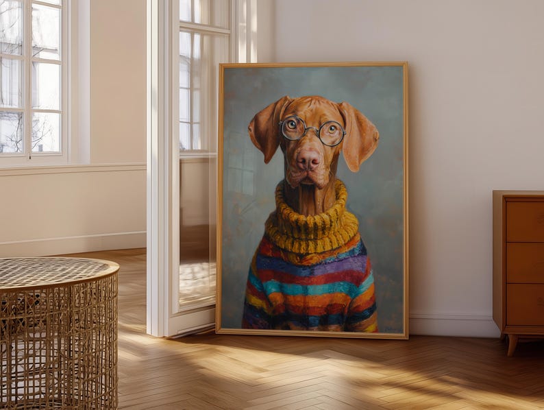 Puede incluir: Retrato enmarcado de un perro con gafas redondas y un su&eacute;ter a rayas de colores. El perro tiene pelaje marr&oacute;n y est&aacute; sobre un fondo gris apagado. La obra de arte se exhibe en una habitaci&oacute;n bien iluminada.