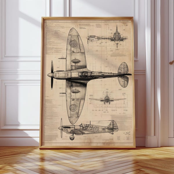 Stampa di un progetto di aereo da caccia Spitfire d'epoca, arte di guerra, poster di un progetto di aereo retrò della seconda guerra mondiale