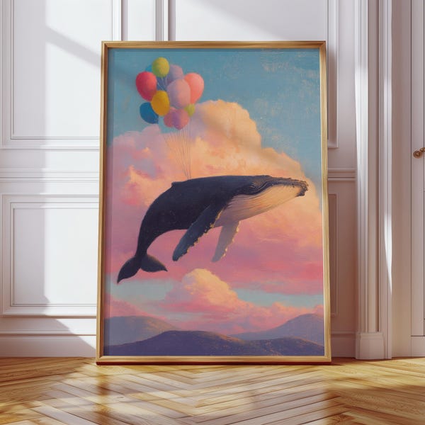 Whale Flying With Balloons Print, Animal Poster, Dog Poster, Cute Cat Print, Funny Animal Print, Pop Art Prints, Kids Bedroom Poster
