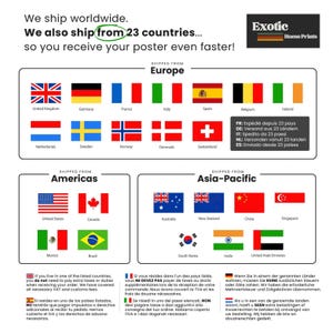 Op de afbeelding: Een poster met de tekst "We ship worldwide. We also ship from 23 countries..." en vlaggen die verschillende landen vertegenwoordigen, waaronder Nederland, Belgi&euml; en Zwitserland. De poster bevat ook informatie over belastingen en rechten.