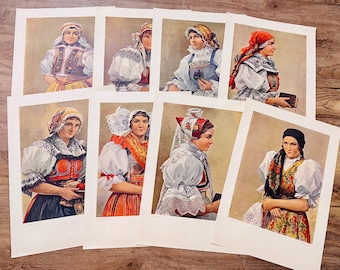 Láminas vintage de trajes folclóricos checos de F. Parizek, juego de 8 láminas de decoración étnica morava.