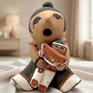 May include: A handcrafted ceramic figurine depicting a seated figure embracing a smaller figure. The larger figure has a dark head and black accents, with a brown body and white and red details on the legs. The smaller figure is held in its arms.