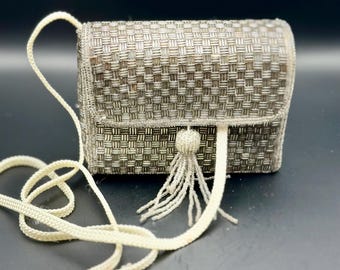 Vintage Beaded Bridal Clutch, Off White Evening Purse with Tassel